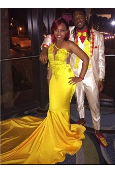 Long Yellow Mermaid One Shoulder Prom Dresses Formal Evening Gowns 901597