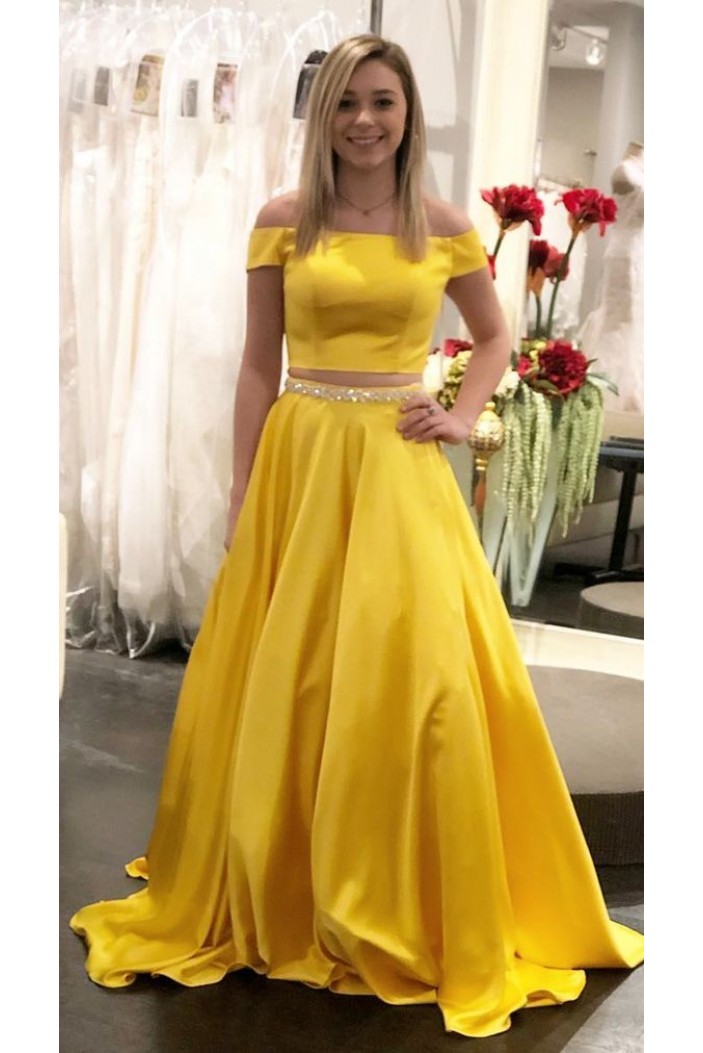 Long Yellow Beaded Two Pieces Prom Dresses Formal Evening Gowns 901606