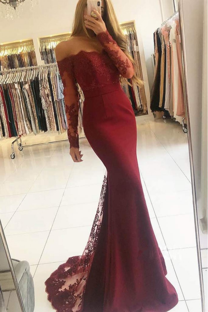 Long Sleeves Mermaid Lace Prom Dresses Formal Evening Gowns 901611