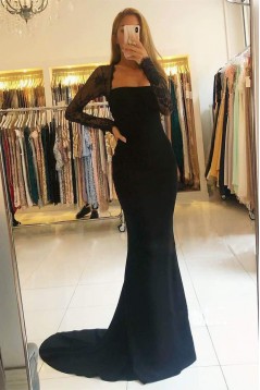 Long Black Mermaid Lace Prom Dresses Formal Evening Gowns 901615