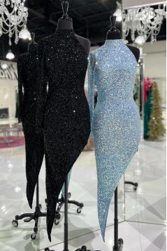 Blue Sparkle Sequin One Shoulder Prom Dresses Formal Evening Gowns 901656