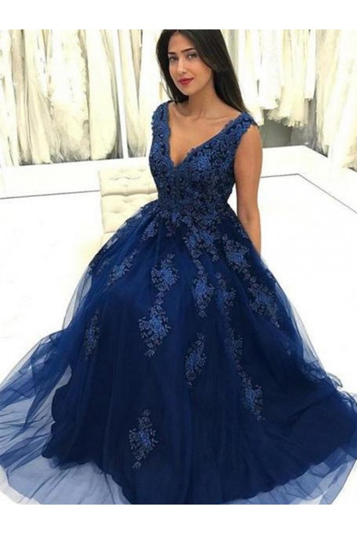 Long Navy Blue Lace and Tulle Prom Dresses Formal Evening Gowns 901669