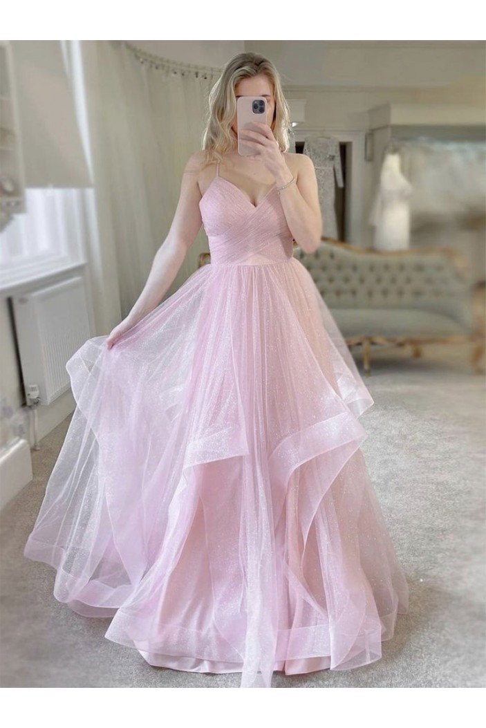 Long Pink Sparkle Tulle Prom Dresses Formal Evening Gowns 901671