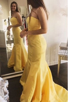 Long Yellow Mermaid Strapless Prom Dresses Formal Evening Gowns 901675