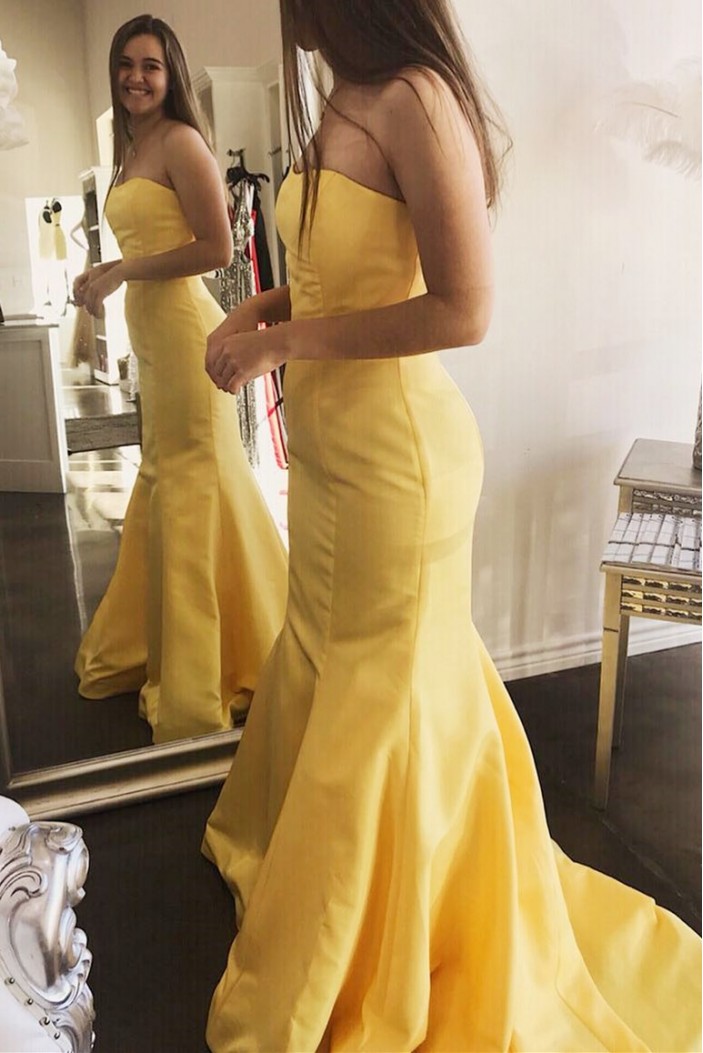 Long Yellow Mermaid Strapless Prom Dresses Formal Evening Gowns 901675