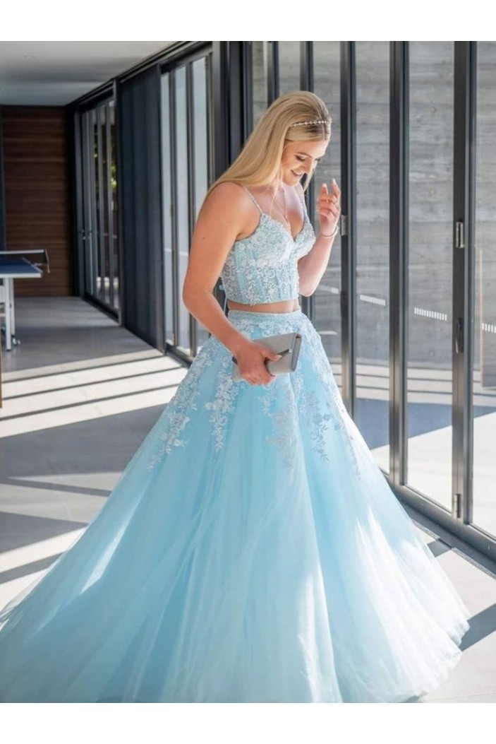 Long Blue Two Pieces Lace Prom Dresses Formal Evening Gowns 901677