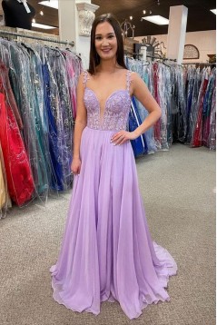 A-Line Lace and Chiffon Lilac Prom Dresses Formal Evening Gowns 901682