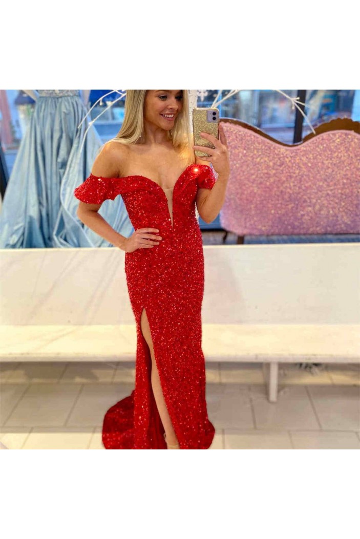 Long Red Sequin Off the Shoulder Prom Dresses Formal Evening Gowns 901689