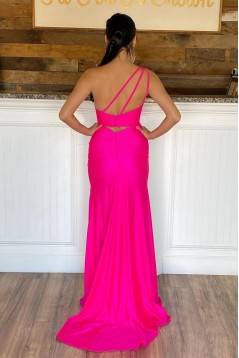 Long Pink One Shoulder Prom Dresses Formal Evening Gowns 901705