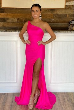 Long Pink One Shoulder Prom Dresses Formal Evening Gowns 901705