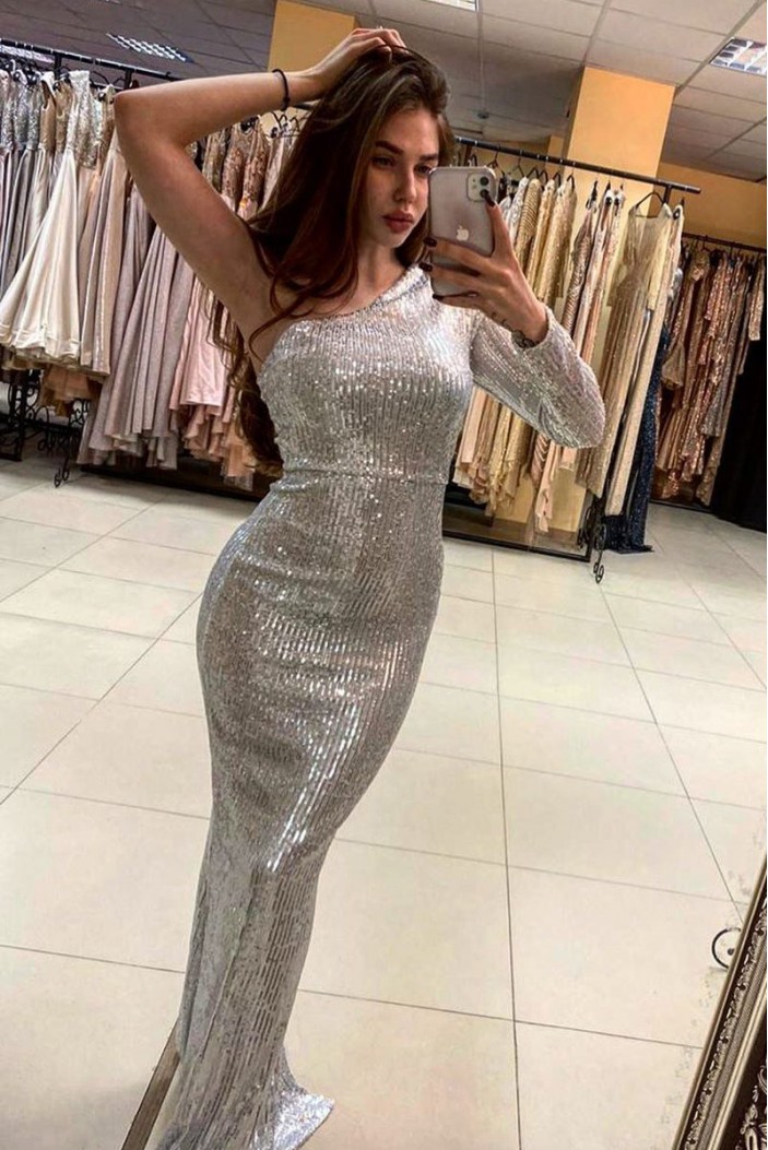 Mermaid One Shoulder Sparkle Prom Dresses Formal Evening Gowns 901717