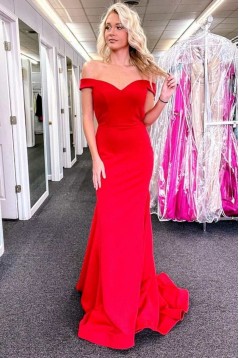 Long Red Mermaid Off the Shoulder Prom Dresses Formal Evening Gowns 901725