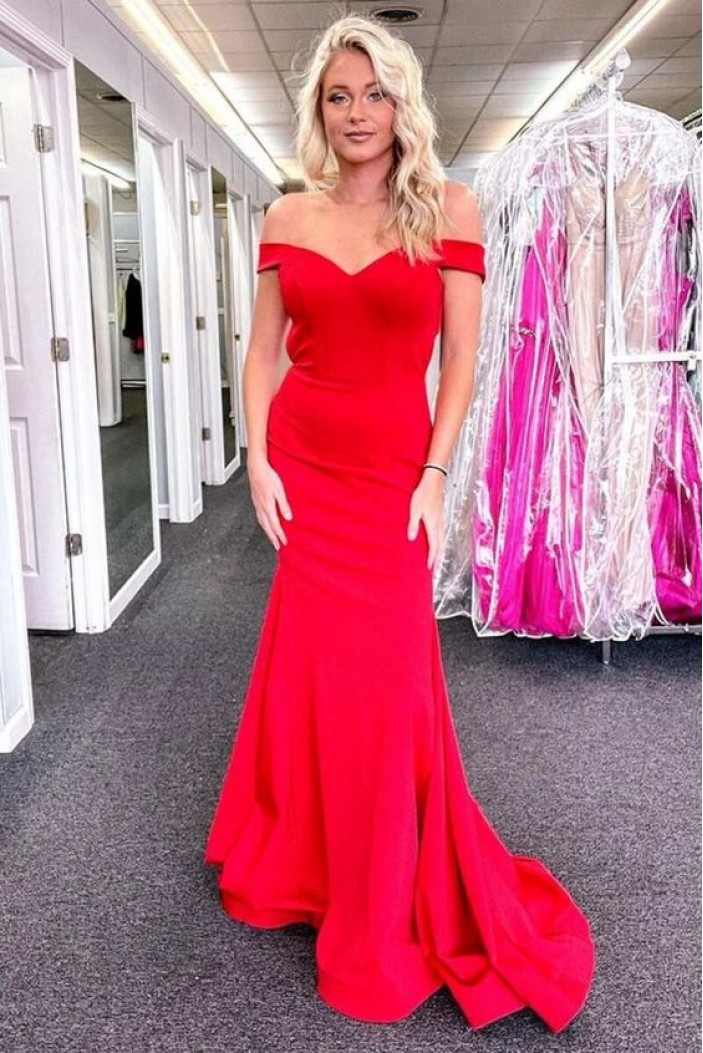 Long Red Mermaid Off the Shoulder Prom Dresses Formal Evening Gowns 901725