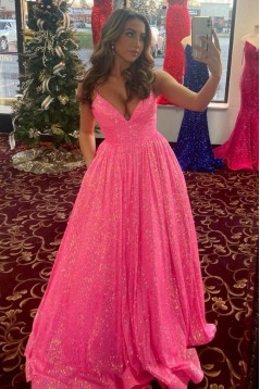 Long Pink Sparkle Sequins Prom Dresses Formal Evening Gowns 901729