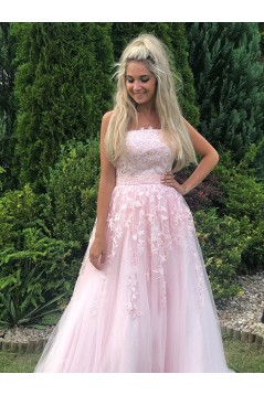 A-Line Long Pink Strapless Lace and Tulle Prom Dresses Formal Evening Gowns 901747