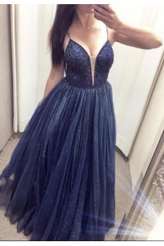 Long Navy Blue Tulle Sparkle Prom Dresses Formal Evening Gowns 901748