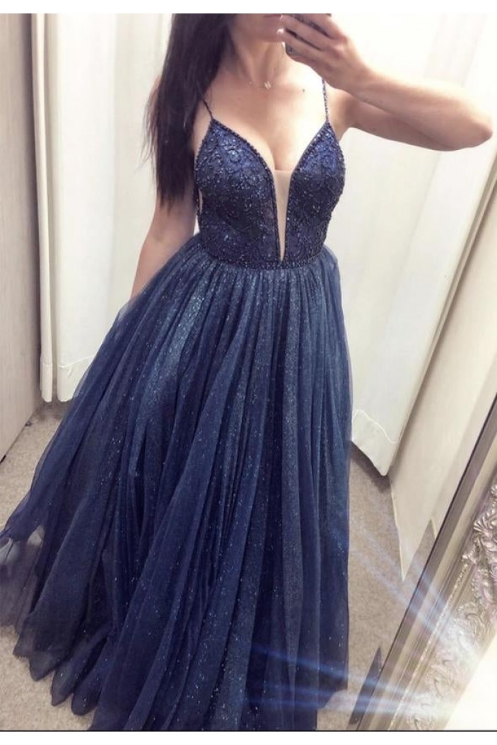 Long Navy Blue Tulle Sparkle Prom Dresses Formal Evening Gowns 901748