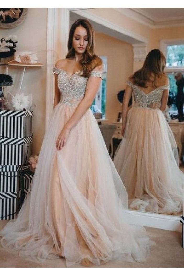 A-Line Lace and Tulle Long Prom Dresses Formal Evening Gowns 901752