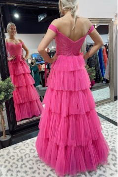 A-Line Fuchsia Tulle Long Prom Dresses Formal Evening Gowns 901759