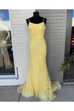 Long Yellow Mermaid Lace Prom Dresses Formal Evening Gowns 901764