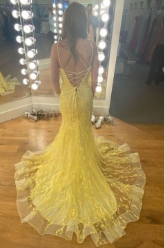 Long Yellow Mermaid Lace Prom Dresses Formal Evening Gowns 901764