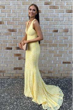 Long Yellow Mermaid Lace Prom Dresses Formal Evening Gowns 901765