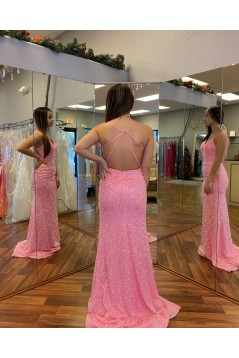 Long Pink Sparkle Sequins Prom Dresses Formal Evening Gowns 901769