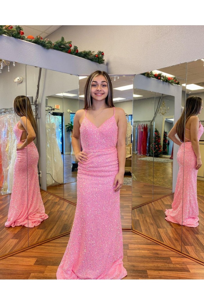 Long Pink Sparkle Sequins Prom Dresses Formal Evening Gowns 901769