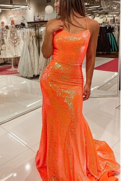 Elegant Mermaid Long Orange Sparkle Sequins Prom Dresses Formal Evening Gowns 901771