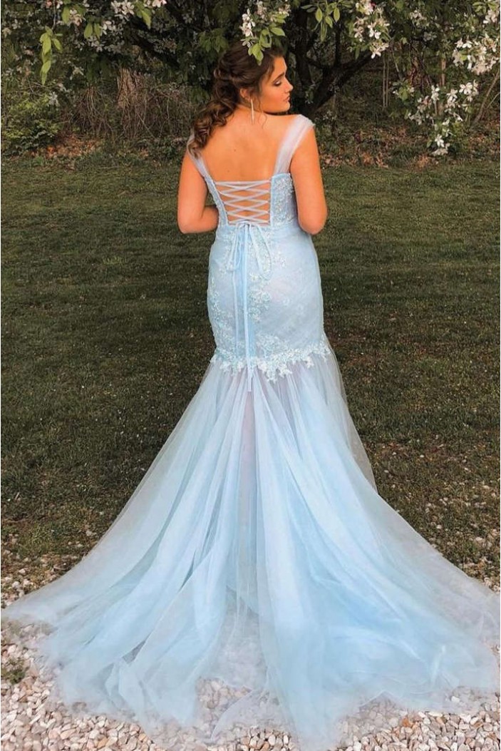Long Blue Mermaid Lace and Tulle Prom Dresses Formal Evening Gowns 901779