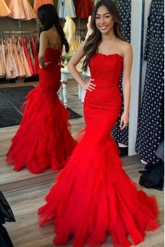 Long Red Mermaid Lace and Tulle Prom Dresses Formal Evening Gowns 901784