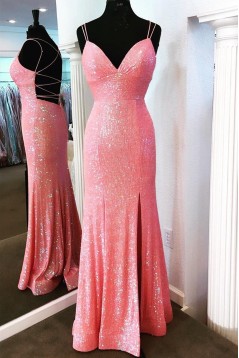 Long Pink Sparkle Sequins Prom Dresses Formal Evening Gowns 901791