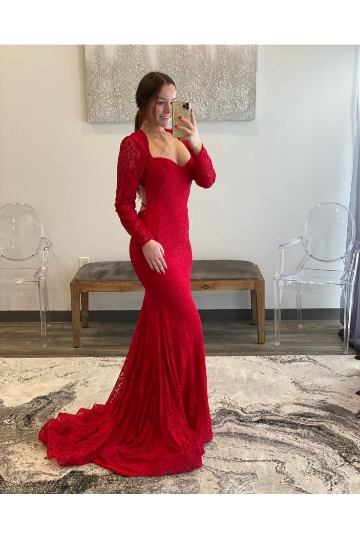 Long Red Mermaid Lace Long Sleeves Prom Dresses Formal Evening Gowns 901805