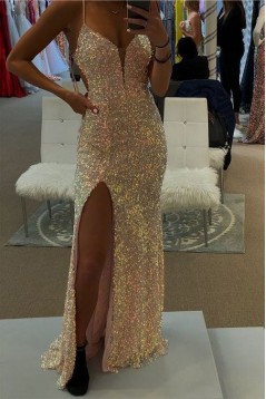 Spaghetti Straps Sequins Long Prom Dresses Formal Evening Gowns 901814