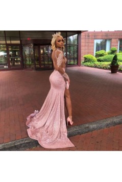 Long Pink Mermaid Long Sleeves Lace Prom Dresses Formal Evening Gowns 901815