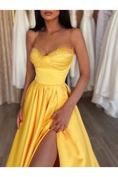 A-Line Long Yellow High Split Spaghetti Strap Sleeveless Satin Prom Dresses Formal Evening Gowns 901820