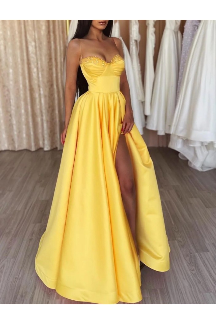 A-Line Long Yellow High Split Spaghetti Strap Sleeveless Satin Prom Dresses Formal Evening Gowns 901820