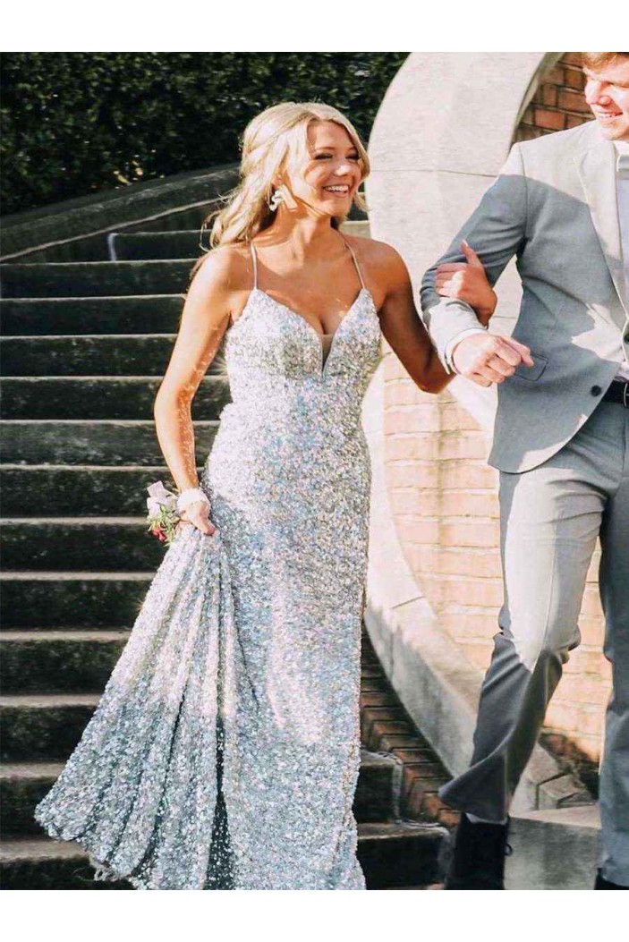 Long Silver Sequin Spaghetti Prom Dresses Formal Evening Gowns 901821