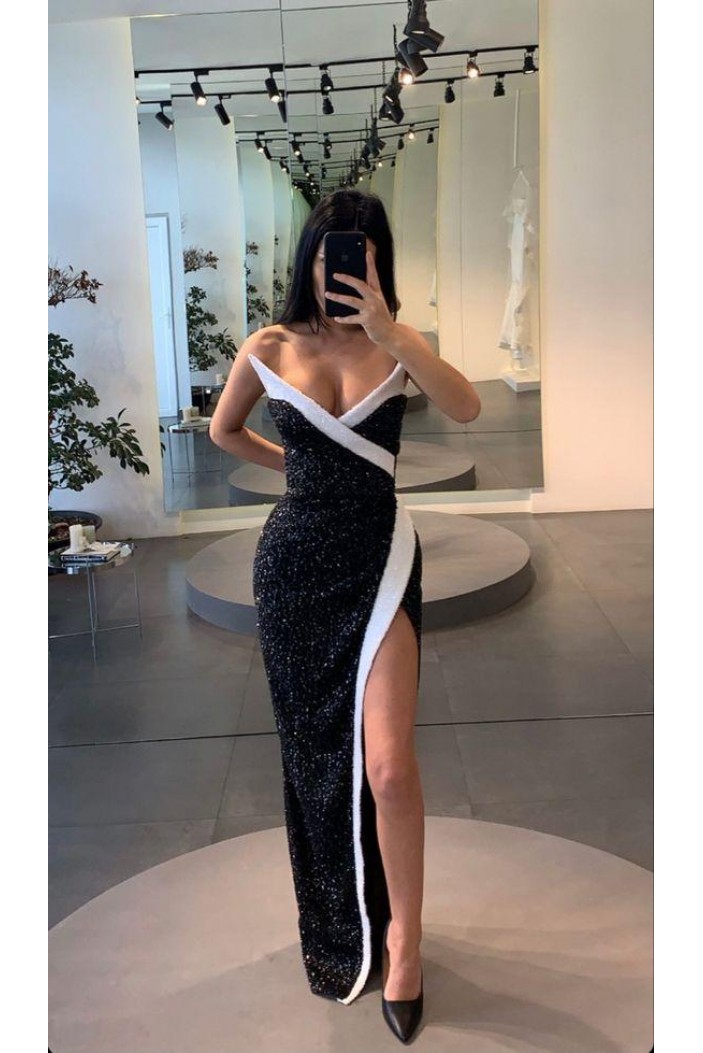 Long Black White Sequins Prom Dresses Formal Evening Gowns 901825