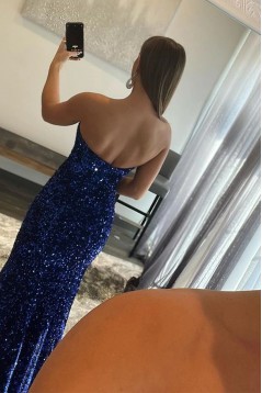 Elegant Long Navy Blue Strapless Sequins Prom Dresses Formal Evening Gowns 901828