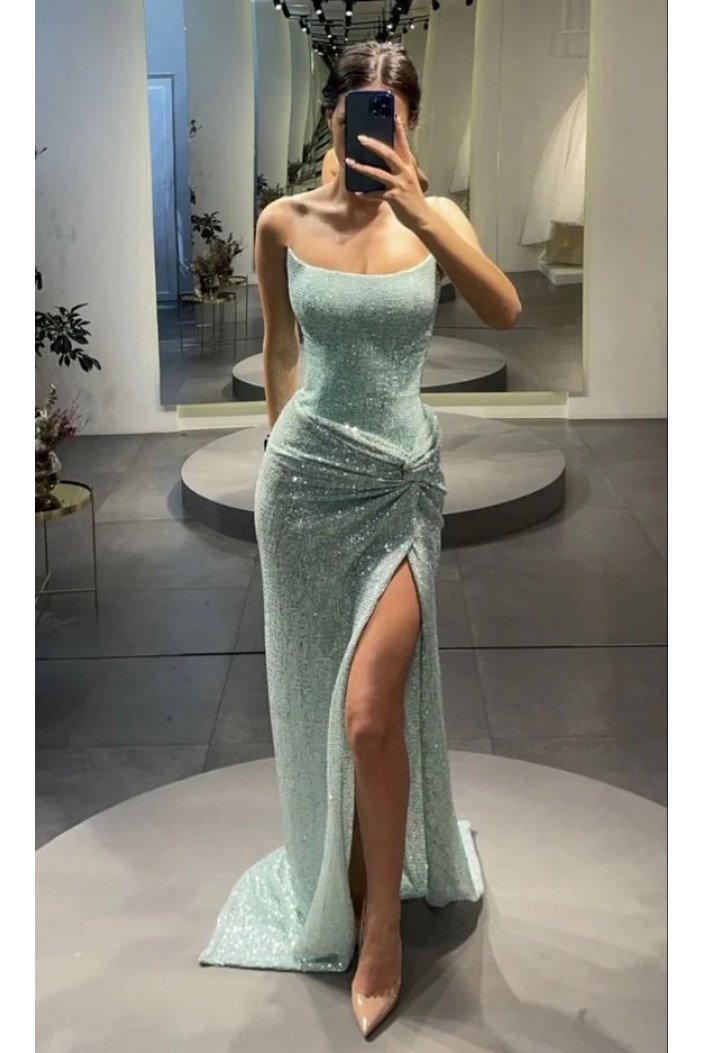 Long Strapless Sequins Prom Dresses Formal Evening Gowns with Slit 901829