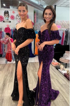 Long Blue Off the Shoulder Sequins Prom Dresses Formal Evening Gowns 901841