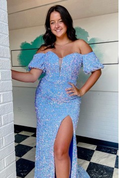 Long Blue Off the Shoulder Sequins Prom Dresses Formal Evening Gowns 901841