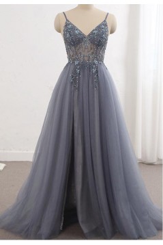 A-Line Beaded Tulle V Neck Prom Dresses Formal Evening Gowns 901843