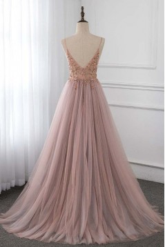 A-Line Beaded Tulle V Neck Prom Dresses Formal Evening Gowns 901843