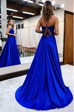 Long Blue V Neck Lace Prom Dresses Formal Evening Gowns 901844
