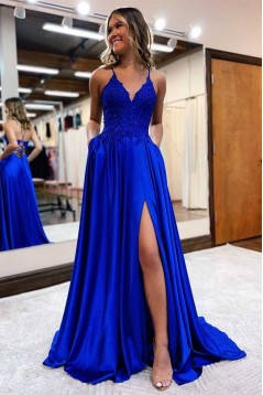 Long Blue V Neck Lace Prom Dresses Formal Evening Gowns 901844