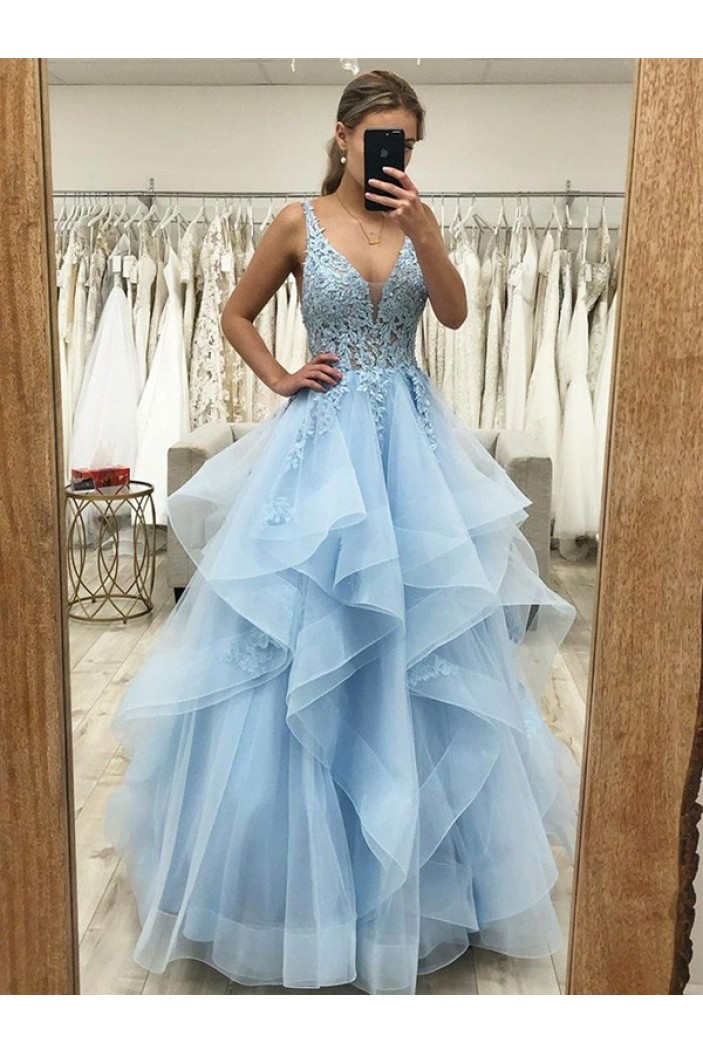 Long Blue Lace Prom Dresses Formal Evening Gowns 901856