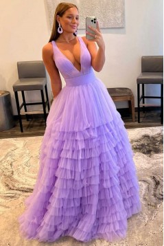 A-Line Sleeveless V Neck Tulle Prom Dresses Formal Evening Gowns 901858
