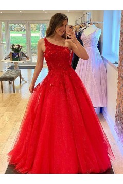 Long Red One Shoulder Lace and Tulle Prom Dresses Formal Evening Gowns 901867